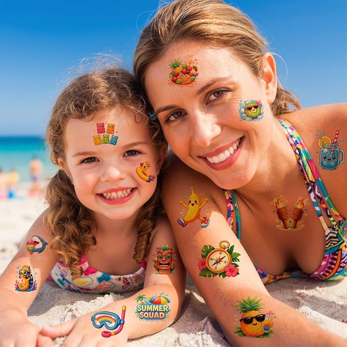 JCFIRE Temporary Tattoos for Kids Adults, Pool Hawaiian Luau Summer Party Decorations, Cute Summer Tattoos Stickers, Party Favors Rewards Supplies