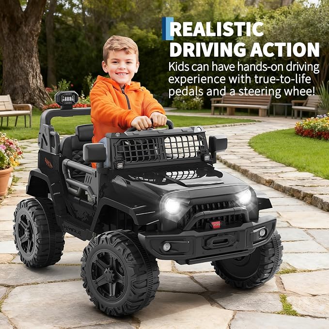 Hetoy 12V Ride on Toys with Parent Remote Control Toddler Electric Vehicle with Spring Suspension, LED Lights, Bluetooth, Music Player, 3 Speeds Ride on Car Truck for Kids Age 3-8 (Black)