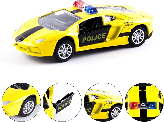 KIDAMI Die Cast Metal Toy Cars Set of 5, Small Cop Openable Doors Pull Back Car Gift Pack for Kids (Police Car)