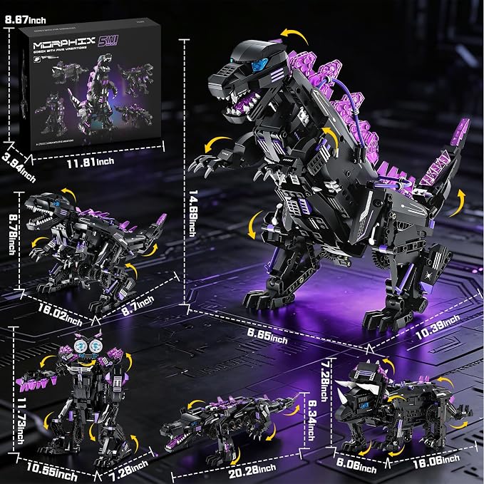 5-in-1 STEM Dinosaur Robot Building Kit, 935PCS App & Remote Control, Rebuild into T-Rex, Triceratops, Crocodile, Robot & Monster, Engineering Gift for Boys & Girls Ages 8+