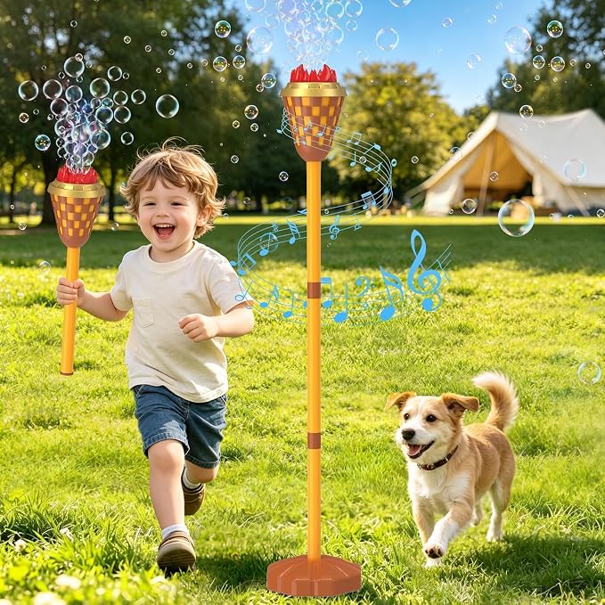 Bubble Machine Toys for Kids: Bubble Torch Blower Maker with Flame Light Music, 47" Adjustable Height, Bubbles Wand Outdoor Toys for Summer Camping Essentials Halloween Wedding Backyard Pool Party