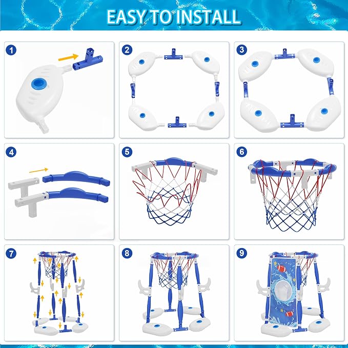 Pool Basketball Hoop, 3-in-1 Floating Basketball Hoop & Football Ring Games with 5 Balls 12 Rings and Pump, Outdoor Family Party Water Swimming Pool Basketball Toys for Kids Ages 4-8 8-12