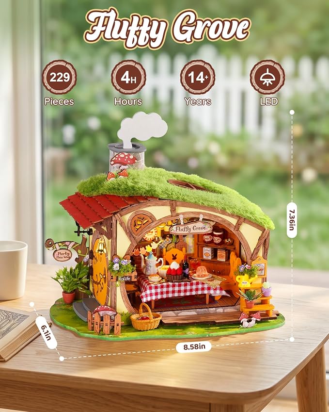 Rolife DIY Miniature Dollhouse Kit Fluffy Grove, Stress Relieving Fantasy Forest Mini House Building Kit with LED, Cozy Fairy Cottage Wooden Dollhouse Craft for Adults Teens, Bookshelf Home Decor Gift