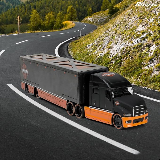Semi Truck Toy with Trailer, 1/64 Scale Alloy Metal Diecast Heavy Semi Truck Trailer Head Toy Model, MAx Diecast Tow Traktor Gift for Boy Adult Model Car Collector -OrangeBlack