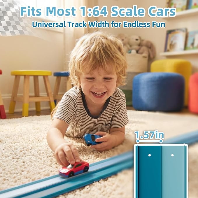 Flexible Race Car Track for Kids, 15 Ft Bendable Track with 3 Cars & 3 Suction Cups, Compatible with 1:64 Diecast Cars, Window & Tile Racing Toy for Toddlers Ages 3+, Green
