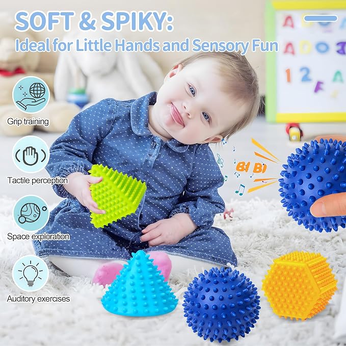 Soft Spiky Sensory Balls, Textured Baby Toys 6 to 12 Months | BPA-Free Plastic, Raised Bumps, Geometric Shapes, Bright Colors, Squeeze, Roll & Massage Play, Gift for Toddlers 1-3