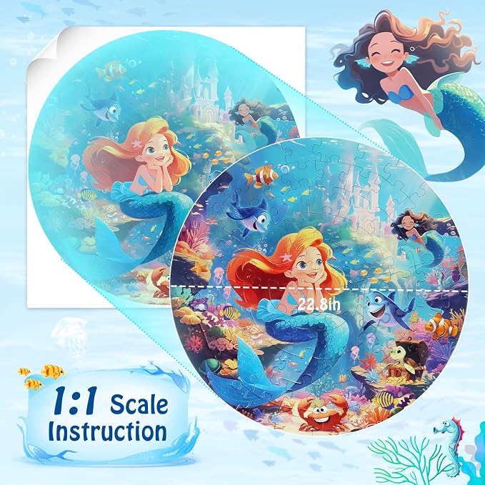 DIGOBAY Floor Puzzles for Kids Ages 3-5, 70 Pieces Mermaid Jigsaw Puzzle for Toddler Girls Ages 3 4 5 6 7 8 Year Old, Large Round Underwater Princess Puzzle Educational Learning Toys Birthday Gift