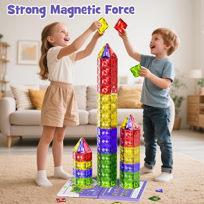 WMXDU 60pcs Large Diamond Magnetic Tile, Magnetic Building Blocks Magnet Toy with Iron Box, STEM Educational Montessori Indoor Building Kit for Preschool Boys Girls Age 3+ Classroom Must Haves