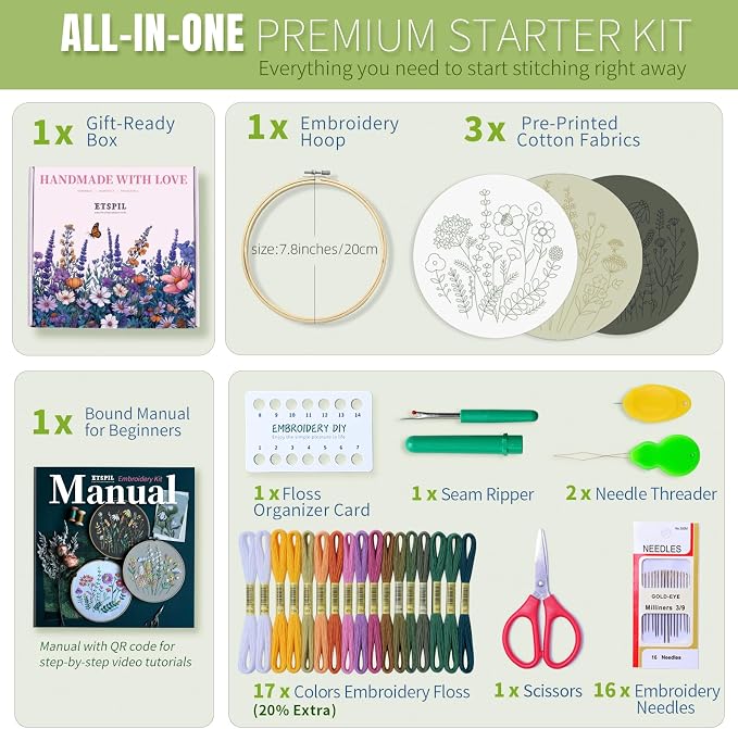 ETSPIL Beginner Embroidery Kit for Adults, 4K HD Video Tutorials, Pre-Printed Botanical Floral Designs, Essential Stitches & Bound Guide, Relaxing Screen-Free Activity for Women at Home