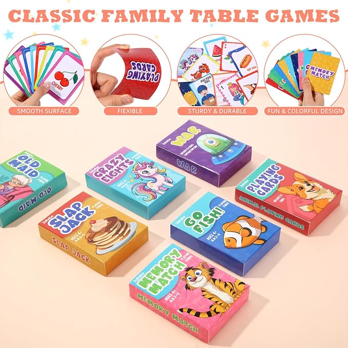 Zubebe 56 Pack Kids Card Games Gifts Bulk Classic Playing Card Game Set for Kids Includes Go Fish, Old Maid, Crazy Eights, Memory Match, Slap Jack, Playing Toy for Party Favors (Classic)