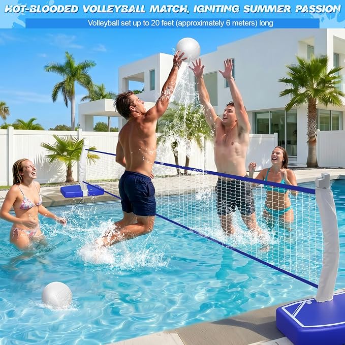 Pool Volleyball Net&Pool Basketball Hoop 2 in 1,Pool Toys Basketball Game with Weighted Base&Stand,2 Water Volleyball&2 Basketball and Pump,Summer Outdoor Family Party Pool Games for Kids Adults