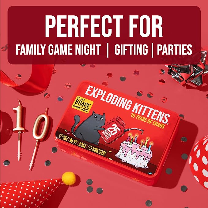 Exploding Kittens -10th Anniversary Collectible Tin (Limited Edition) – Updated with 8 Legacy Cards – Hilarious Fast-Paced Card Game for Adults and Kids, Travel Friendly, Ideal for Family Game Night
