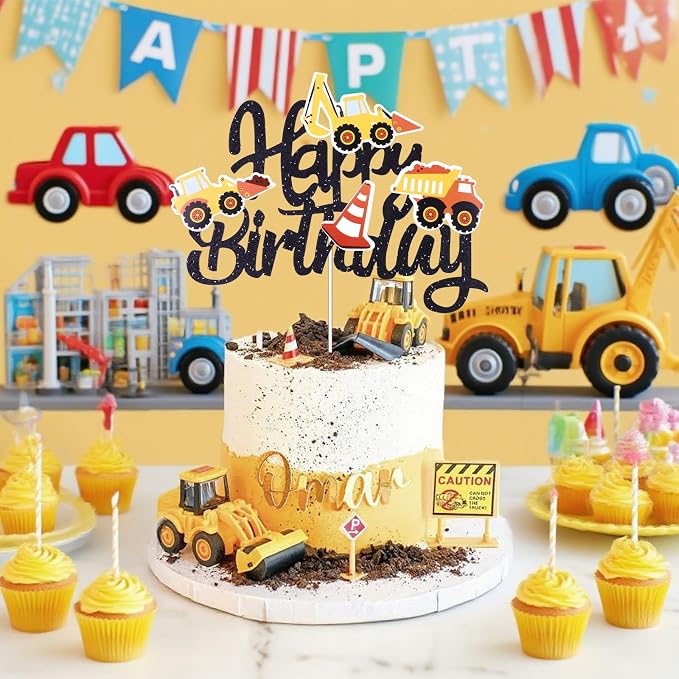 Construction Theme Happy Birthday Cake Topper Glitter Construction Cake Pick Dump Truck Excavator Tractor Cake Decorations Vehicles Cake Topper for Kids Birthday Baby Shower Party