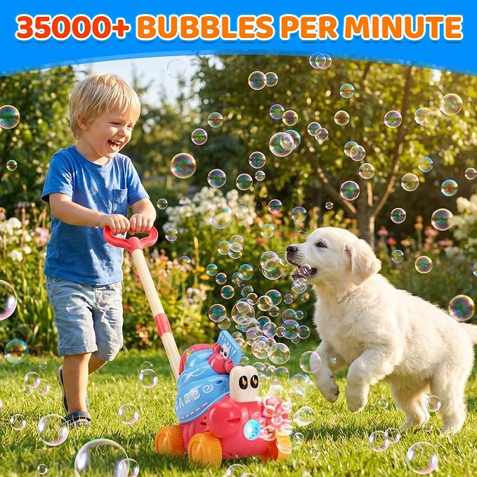 Crab Bubble Machine for Kids,Handheld or Push Bubble Maker Blower,Bubble Lawn Mower W/Lights,Outdoor Toys Birthday Gift for Toddlers Boys Girls 3 4 5 6 Years Old (USB Rechargeable)