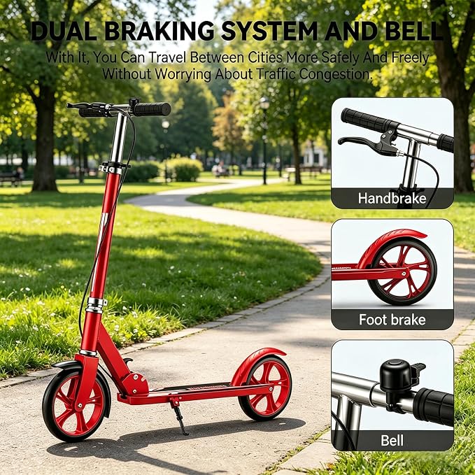 Scooters for Kids 8-12, Teens & Adults - Foldable&Portable Commuter Scooter with 8" Wheels, Bell, Hand Brake & Adjustable Height 30"-40.5", 240 lbs, Manual Push Scooter for Campus & Park