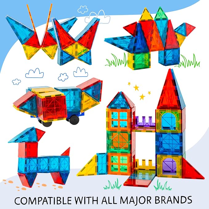 SUNNY AUNTIE Magnetic Tiles 138 PCS XL Set with Storage Bag – Magnetic Building Tiles for Kids Ages 3-8, STEM Magnet Construction Toy for Boys & Girls