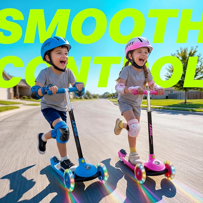 JOVA ZIFFY Multicolor 3 Wheel Scooter for Kids 3-5, Toddler Kick Scooters with LED Light-Up Wheels for Boys and Girls, 5 Adjustable Height and Lean-to-Steer Design, Support up to 110 lbs