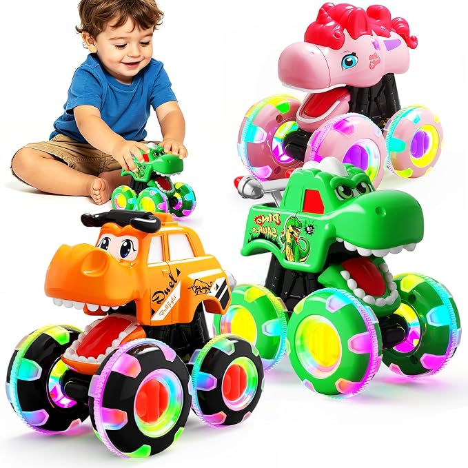3 Pack Monster Truck Toys for Toddlers 1-3, Press & Go Cars with Flashing LED Wheels & Moving Mouth, Dinosaur Cars for 2 3 4 One Two Year Old Boy Birthday Gifts