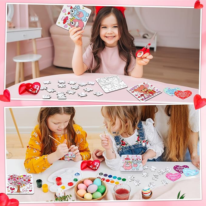 Realspring 24 Set Valentine Puzzles Gifts for Kids Include 24 DIY Color Your Own Valentine‘S Day Jigsaw Puzzles 24 Red Heart Eggs Card for Classroom Reward Exchange Gift Jigsaw Toys Birthday