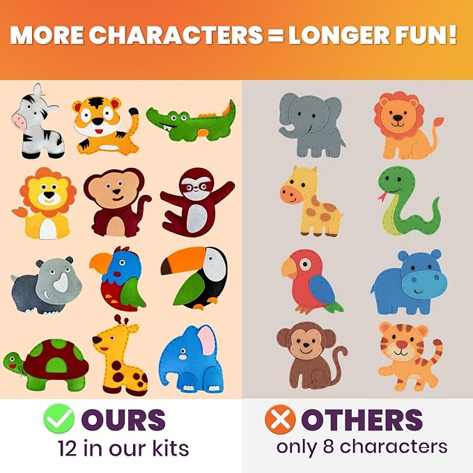 QUOKKA Kids Crafts Ages 4-8, DIY Beginner Needle and Thread Kit - 12 Wild Animals Sewing Kit Basic - Fun Arts Crafts for Kids Ages 6-8 Girls Boys - Plastic Needles, Scissors - 6+ Year Old Girl Gifts