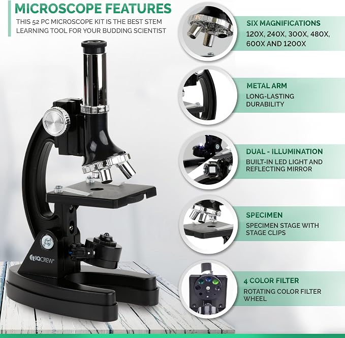 IQCrew By AMSCOPE KIDS - Black Metal Arm Starter Kids Student Compound Microscope Kit with Fossil Dig Activity Kit and Insect Slides
