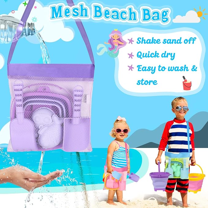 Collapsible Beach Toys for Kids, 3 Pack Foldable Sand Buckets and Shovels Set with Mesh Bag, Silicone Pails Shovels Molds, Sandbox Travel Sand Toys for Beach Essentials for Toddlers Kids Age 3-10