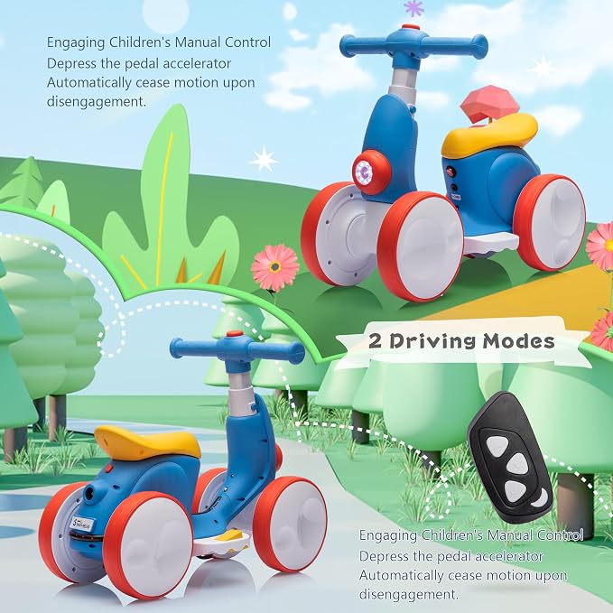 JoyRydz 6V Electric Baby Balance Bike with Bubble Machine,4 in 1 Toddler Balance Bike w/Remote for 1 Year Old Boys Girls Kids Bubble Bike Ride on Toys w/Powered Motor,Music,LED Lights (Blue&Red)