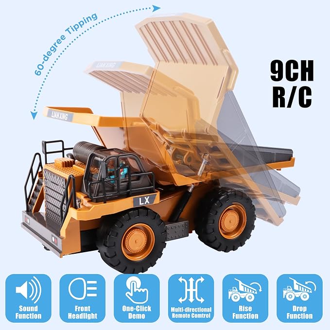RC Dump Truck Toy, Remote Control Construction Truck with Bed Lift/Lower, 4WD Heavy Duty Sand Toy with 2 Batteries, Best Birthday Gifts for Boys 3-5 4-7 8-12 Year Old