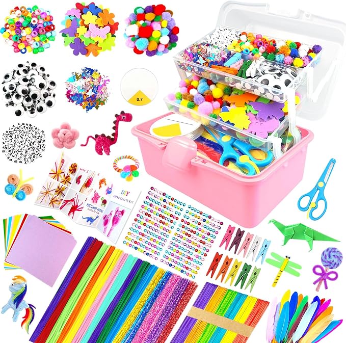 3000Pcs Arts and Crafts Supplies for Kids Craft Kits with Pipe Cleaners Crafting Supply All in 3 Layered Craft Box DIY Crafts for Kids Ages 4-8 8-12 Homeschool Supplies Toys Gifts for Girls & Boys