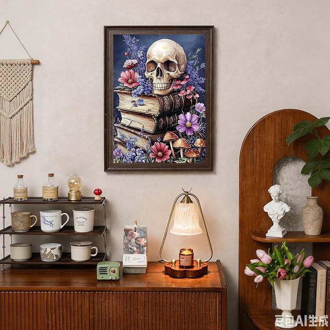 CHWGLFGG 5D Full Round Drill Diamond Painting Kit for Adults, Vintage Skull Old Books Wild Flower Mushroom Diamond Art Canvas, DIY Paint by Diamonds Dot Gem Craft 12x16 Inch for Home Wall Decor