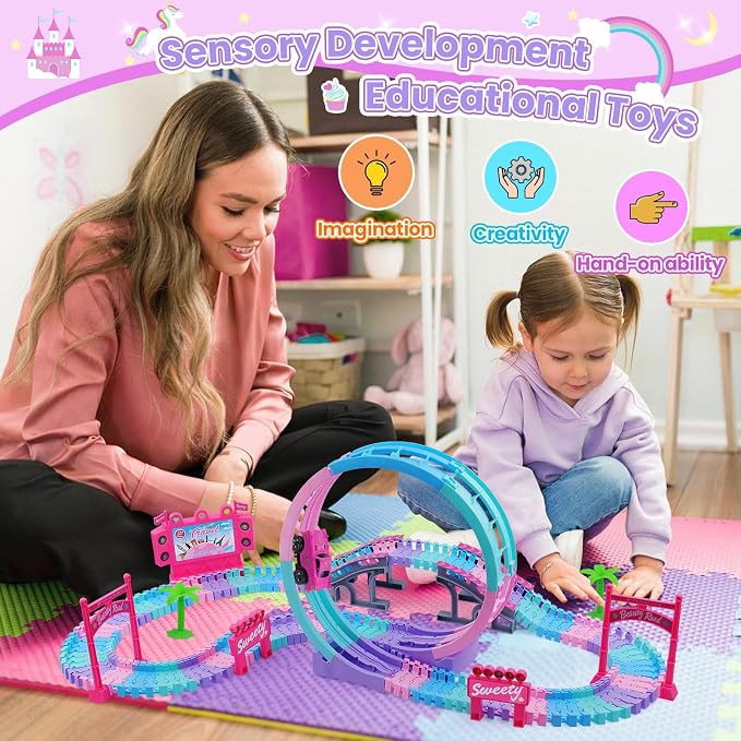 Track Set Magic Toy Car for Kids, 144Pcs Flexible Race Car Tracks with 360 Loop Slope Ramp, Glow in The Dark Car, Construction Tracks Toy Set-Best Birthday Gift for 3 4 5 6 7 8 Years Girls Boys