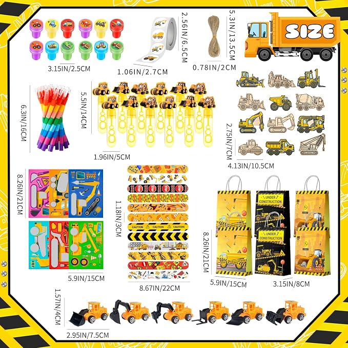 Construction Vehicle Favors, 98pcs Construction Truck Party Favors Set Includes Construction Vehicle toys Bubble Wands Stickers Stampers etc Construction Party Favor for Excavator Birthday Decorations