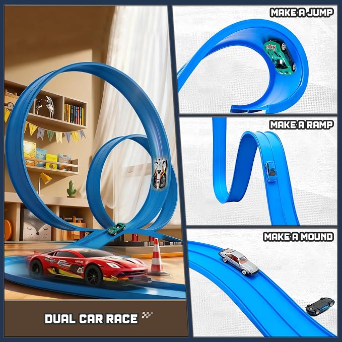 15.75 Ft Flex Track for Kids, Flexible Race Track Compatible with Hot Wheels and Diecast 1/64th Cars, Roll-Up Portable Race Car Ramp Track with Suction Cups & Track Anchors & 4 Race Cars, Blue