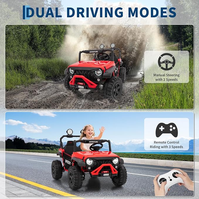 2 Seater Ride on Car for Kids, 24V Ride on Toy, Fast 4.97MPH Truck, 4WD Kids Electric Vehicles with Remote Control, Spring Suspension, Front & Behind LED Lights, Dual Storage, 3 Speeds, Music, Red