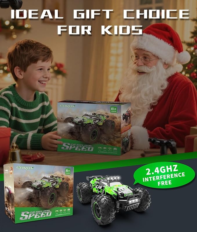 Carox Remote Control Car, 2.4GHz 26KM/H High Speed RC Car, 1:18 Off-Road Monster Truck with LED Lights, Proportional Throttle & 1800mAh Rechargeable Batteries – Ideal Gift for Boys 6+ (GRE)