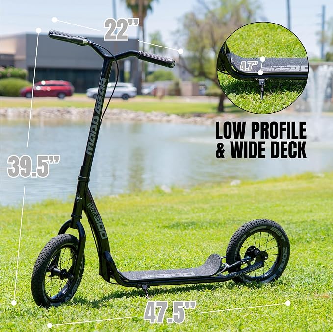 Large Kick Scooter for Adults, Teens & Kids 8-12 with Kickstand – 12" Air-Filled Tires, Wide Deck, Lightweight Steel Frame – Madd Gear Metro Urban Glide 300