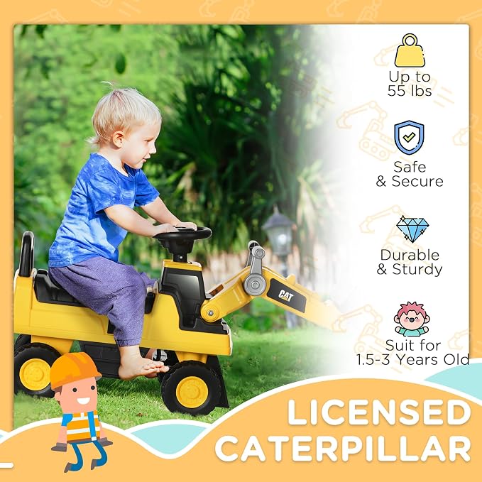 Aosom Caterpillar CAT Licensed Ride on Excavator for Kids, Digger Construction Vehicle with Manual Shovel, Horn, Hidden Storage, Foot to Floor No Power Car for Years 1.5-3