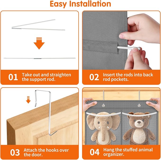 SpaceHacks Stuffed Animal Storage - Large Over the Door Organizer with 6 Expandable Mesh Pockets & Metal Hooks, Non-Woven Fabric Hanging Plush Items Holder for Nursery, Bedroom, Playroom (Gray)