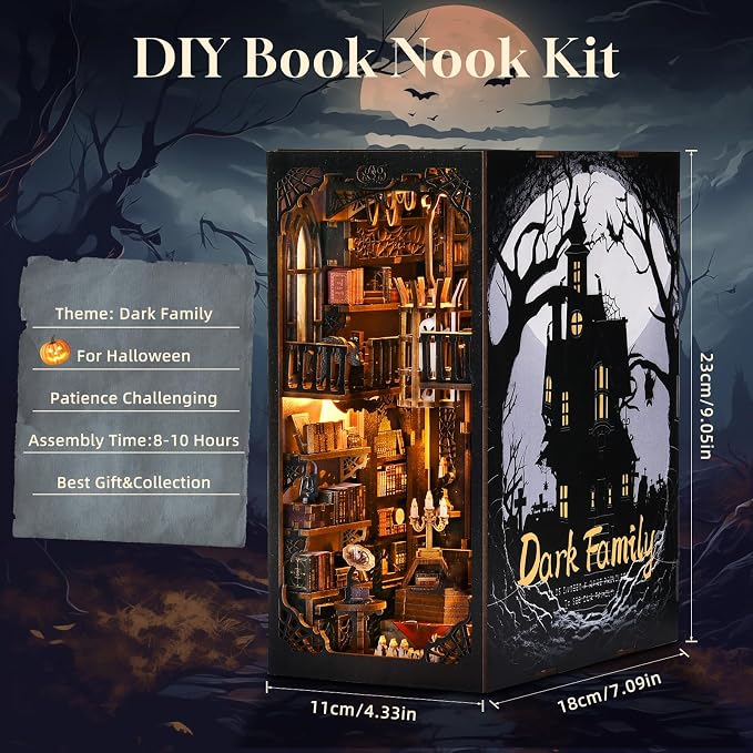 Book Nook Kit - Goth Castle DIY 3D Wooden Puzzle for Adults, Horror Bookshelf Insert with LED Lights, Halloween Home Decor Gift, The Dark Family