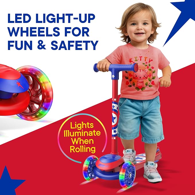 3 Wheel Scooter for Kids, Smooth Light Up LED Front Wheels, Wide Anti Slip Deck, Rear Foot Brake, Easy Lean to Steer Maneuvering, Indoor & Outdoor Ride On Toys for Ages 2 Up,
