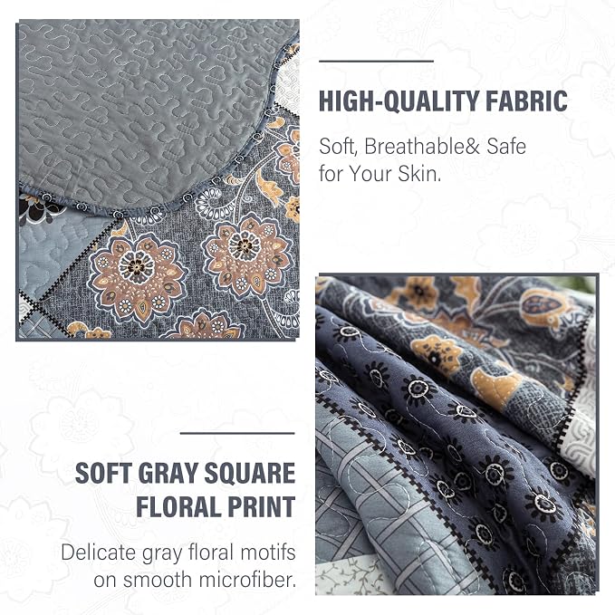 NEWLAKE Quilt Set Queen Size, Bedspread Sets Delicate Square Floral, Quilt Bedding Set Lightweight and Breathable for All Seasons, Soft Quilted Bedspread with 2 Pillow Shams