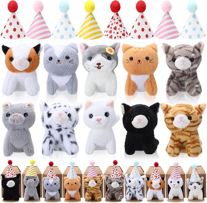 10 Set Kittens Stuffed Animals Bulk with 10 Birthday Hats 10 Kraft Paper Boxes Mini Plush Toys Small Stuffed Cat Pet Gifts for Kids, School Birthday Animal Decor(Cute Style)