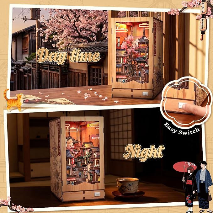 Cutefun Book Nook Kit - DIY Miniature Kyoto House Kit, 3D Wooden Puzzle 400+ Pcs Japanese Bookshelf Decor Bookend with LED, Fold-Out Cherry Blossom Alley Insert for Adults (Twilight Sakura Path)
