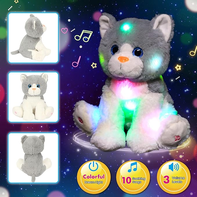 Light-up Singing Plush Cat LED Musical Kitty Stuffed Animal Adjustable Volume Lullaby Plushies Birthday Christmas Toy Gifts for Kids Toddler Girls, 10.5"
