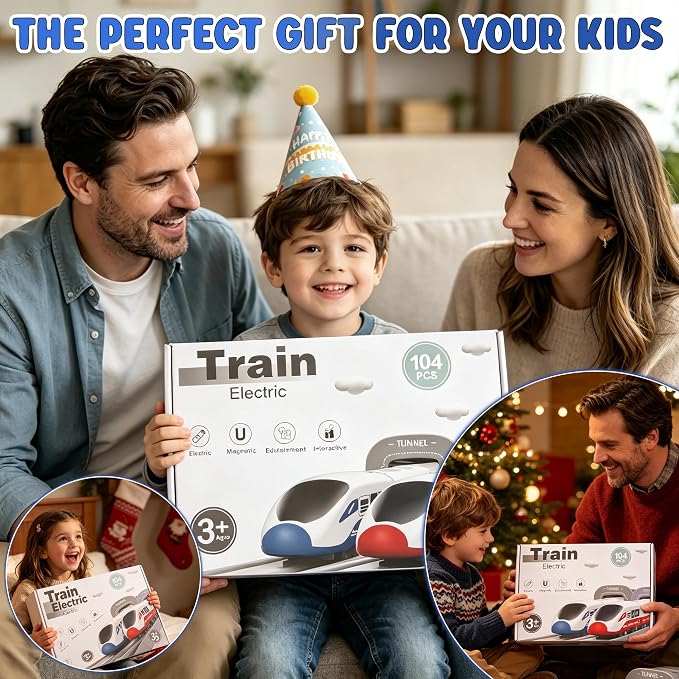 Wdmiya Train Sets for Boys 4-7, 104 Pcs Battery Operated Train Set with Tracks(Magnetic Connection), Compatible with Thomas, Brio, Chuggington, Gifts for 3 4 5 6 Years Old (City Blue 104 Pcs)