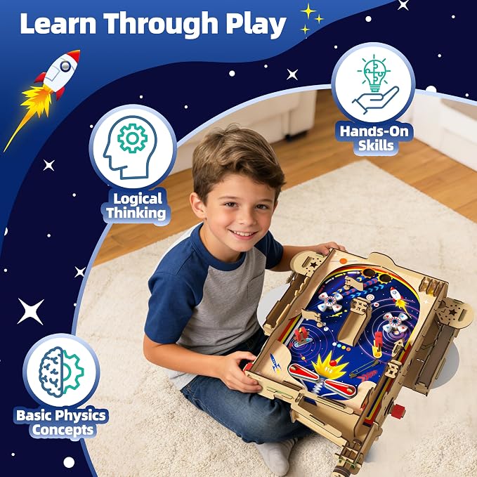 GobiDex DIY Pinball Machine Kit for Kids, Build Your Own Arcade Game, Wooden STEM Toy for Learning, Birthday Gift for Boys and Girls Ages 8+