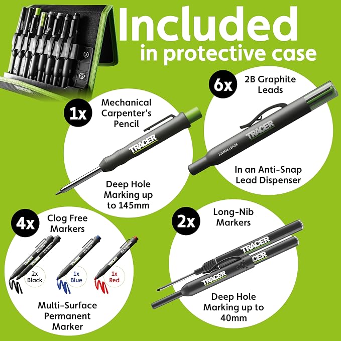 Tracer 8 Piece Construction Marker Kit - Deep Hole Carpenter Pencil Set, 2 Deep Hole Marking Pen, and Four Heavy Duty Clog-Free Markers, 2.8mm Replacement Leads & Storage Case for Woodworking Tools