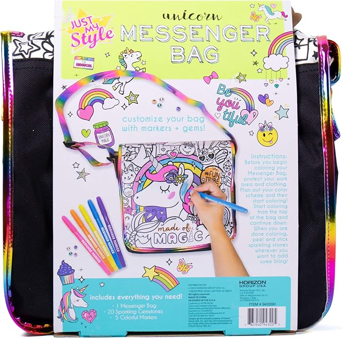 Just My Style Color Your Own Unicorn, Personalized Doodle Messenger Bag with Adjustable Strap, Great for School & Errands, Gift Ideas for Girls, Crafts Activity for Kids Ages 6, 7, 8, 9