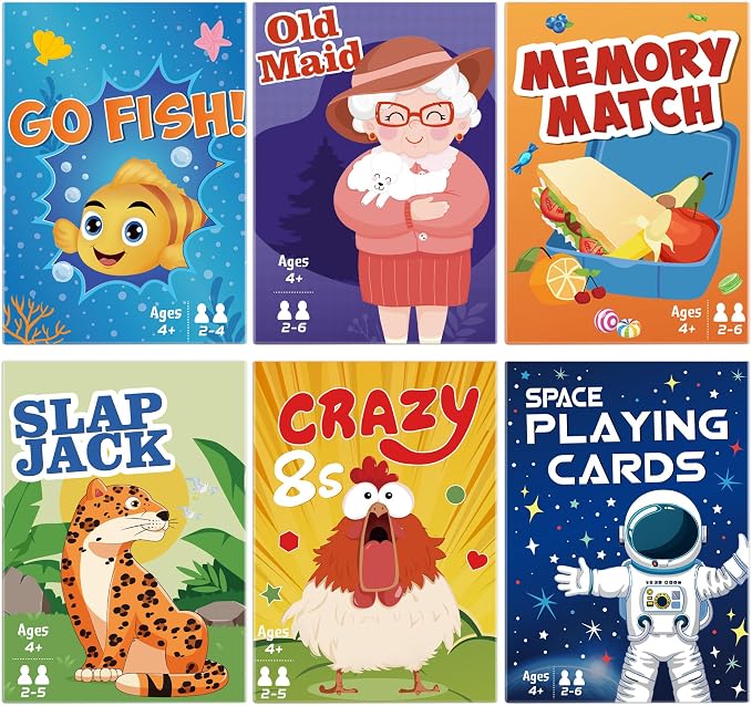 Card Games,6 Decks,Go Fish,Old Maid,Crazy 8s,Memory Match,Slap Jack,Space Playing Cards,Fun Game Cards for Kids Toddlers and Adults,Family Party Table Games, Stocking Stuffers Gifts for Kids