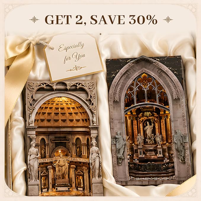 2 Pack DIY Book Nook Kit, Pantheon & Duomo di Milano Architecture Miniature with LED Light & Dust Cover, Dynamic Moving Light Effect, Easy Assembly Wooden Craft for Adults Bookshelf Decor